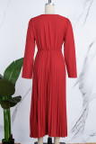 Rode casual effen Frenulum geplooide V-hals jurken met lange mouwen