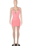 Pink Sexy Solid Patchwork Fold Asymmetrical Spaghetti Strap Pencil Skirt Dresses