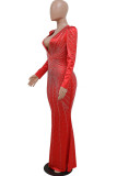 Red Sexy Patchwork Hot Drilling Hot Drill V Neck Long Sleeve Dresses