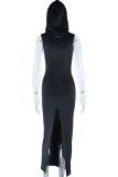 Black Casual Solid Slit Hooded Collar Long Dress Dresses