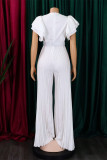 White Casual Work Elegant Solid Fold Mesh V Neck Regular Jumpsuits(With Belt)