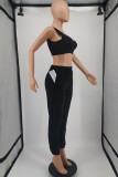 Black Casual Solid Vests Pants O Neck Sleeveless Two Pieces