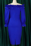 Синие элегантные однотонные платья в стиле пэчворк с оборками и открытыми плечами, юбка на один шаг