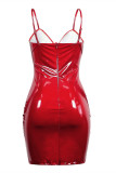 Vestido vermelho fashion sexy sólido vazado sem costas com alça de espaguete sem manga