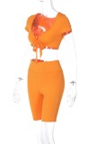 Orange Sexy Solid Frenulum V Neck Short Sleeve Two Pieces