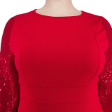 Red Elegant Solid Patchwork Sequins O Neck Long Sleeve Plus Size Dresses