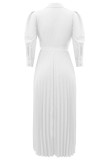 Weiße, elegante, solide Patchwork-Frenulum-Falte, POLO-Kragen, plissierte Kleider (mit Gürtel)