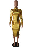 Gold Sexy Cap Sleeve Long Sleeves O neck Step Skirt Mid-Calf Solid