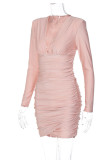 Rosa Casual Solid Patchwork Vik V-hals långärmade klänningar