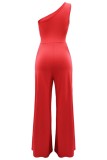 Red Casual Solid Backless Oblique Collar Regular Jumpsuits