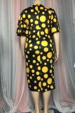 Gele casual stippenprint patchwork O-hals jurken met lange mouwen en grote maten