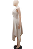 Rosarotes, lässiges, solides Patchwork-Kleid mit asymmetrischem Umlegekragen und unregelmäßigem Kleid