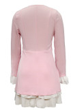 Pink Elegant Solid Patchwork Buttons Flounce V Neck A Line Dresses