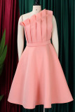 Robes de soirée rose élégant solide patchwork pli oblique col robes