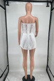 Cream White Sexy Solid Hollowed Out Patchwork See-through Asymmetrical Strapless Sleeveless Two Pieces