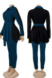 Tibetan Blue Casual Solid Patchwork With Belt Turn-back Collar Long Sleeve Two Pieces