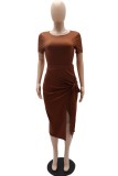Brown Casual Solid Bandage Slit O Neck Short Sleeve Two Pieces
