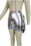 Silver Casual Street Solid Bronzing Tassel Patchwork High Waist Pencil Solid Color Bottoms