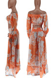 Tangerine Casual Print Patchwork Off the Shoulder Half Sleeve Two Bits