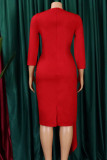 赤のエレガントな固体包帯パッチワーク フォールド非対称カラー ペンシル スカート ドレス