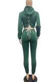 Green Casual Street Solid Bandage Patchwork Hooded Collar Long Sleeve Two Pieces