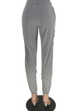 Grey Casual Street Solid Hollowed Out Patchwork Regular High Waist Pencil Solid Color Bottoms