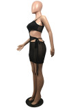 Black Sexy Solid Bandage Hollowed Out See-through Backless Spaghetti Strap Sleeveless Dress