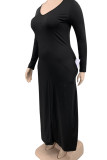 ブラックカジュアルソリッドパッチワークVネック長袖プラスサイズのドレス