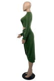 Vestidos casuais verdes sensuais sólidos vazados assimétricos com decote em O mangas compridas