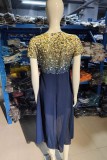 Темно-синее повседневное платье в стиле пэчворк с круглым вырезом и коротким рукавом Платья Платья