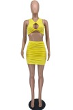 Yellow Sexy Casual Solid Hollowed Out Fold O Neck Sleeveless Two Pieces