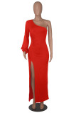 Rose Red Sexy Formal Solid Backless Slit Oblique Collar Long Sleeve Dresses