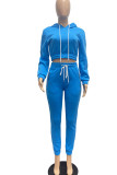 Blue Casual Street Solid Bandage Patchwork Hooded Collar Long Sleeve Two Pieces