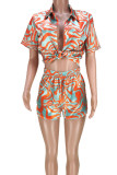 Tangerine Casual Print Patchwork Buckle Turndown Collar Short Sleeve Two Pieces
