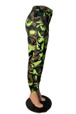 Groene casual broek met camouflageprint, normaal klein elastisch potlood met middelhoge taille