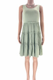 Light Green Casual Solid Patchwork Fold O Neck A Line Dresses