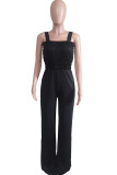 Red Street Solid Patchwork Fold Spaghetti Strap Straight Jumpsuits