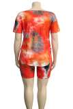 Rose Red Blue Casual Print Tie Dye Basic O Neck Plus Size Two Pieces