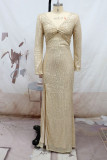 Шампанское Сексуальные однотонные выдолбленные блестки Пэчворк с разрезом V-образным вырезом Вечернее платье Платья