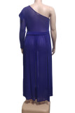 Royal Blue Casual Solid Patchwork See-through Oblique Collar Straight Plus Size Dresses