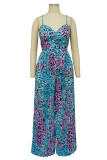 Baby Blue Sexy Print Patchwork Fold Spaghetti Strap Straight Jumpsuits