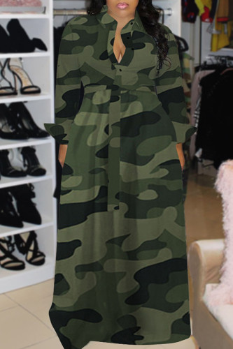 Green Casual Print Camouflage Print Bandage Patchwork Buckle Turndown Collar Long Dress Plus Size Dresses