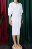 Белые повседневные однотонные лоскутные платья с круглым вырезом и юбкой на один шаг