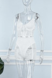 Branco sexy sólido retalhos transparente sem costas alça espaguete sem mangas duas peças