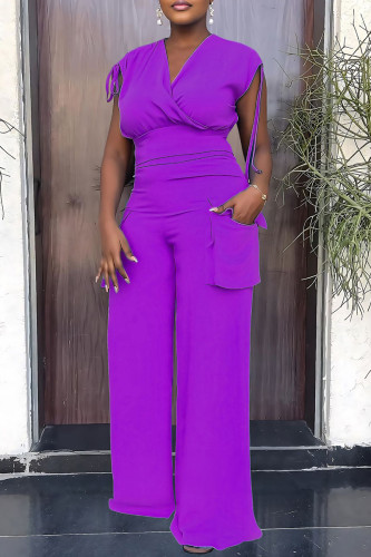 Purple Casual Solid Patchwork V Neck Sleeveless Two Pieces