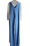 The cowboy blue Casual Solid Patchwork V Neck Long Dress Dresses