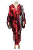 Red Casual Print Patchwork V Neck Irregular Dress Plus Size Dresses