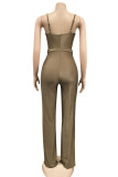 Army Green Daily Spandex Solid Bandage Backless Spaghetti Strap Regular Jumpsuits
