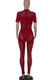 Burgundy Sexy Solid Patchwork See-through O Neck Skinny Jumpsuits
