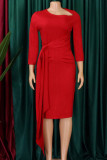 Vestidos de saia lápis com gola assimétrica vermelha elegante atadura de retalhos com dobra assimétrica
